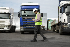 a man walking in front of trucks